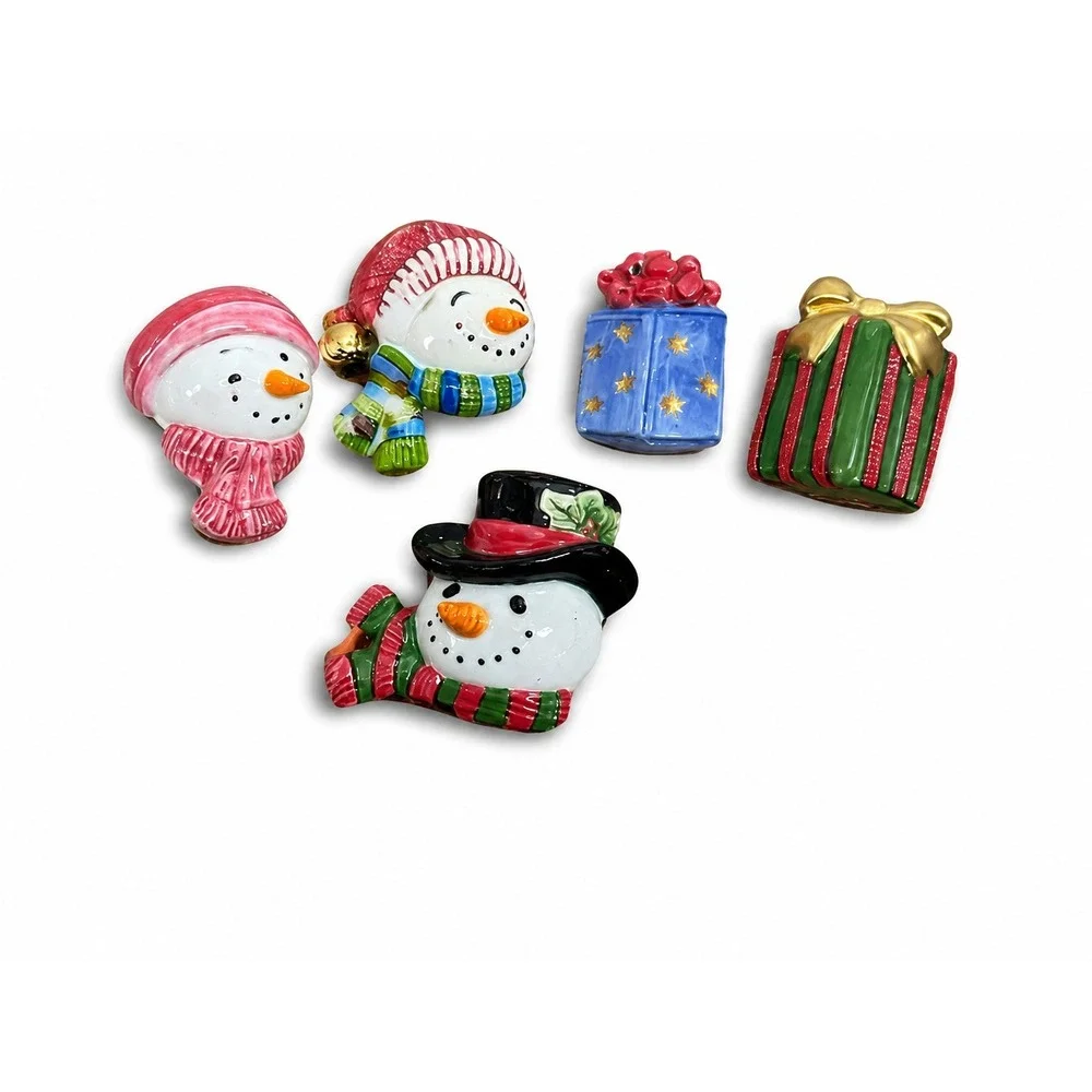 Fitz and Floyd Ceramic Snowman and Present Push Pins Set of 5 Holiday Decor